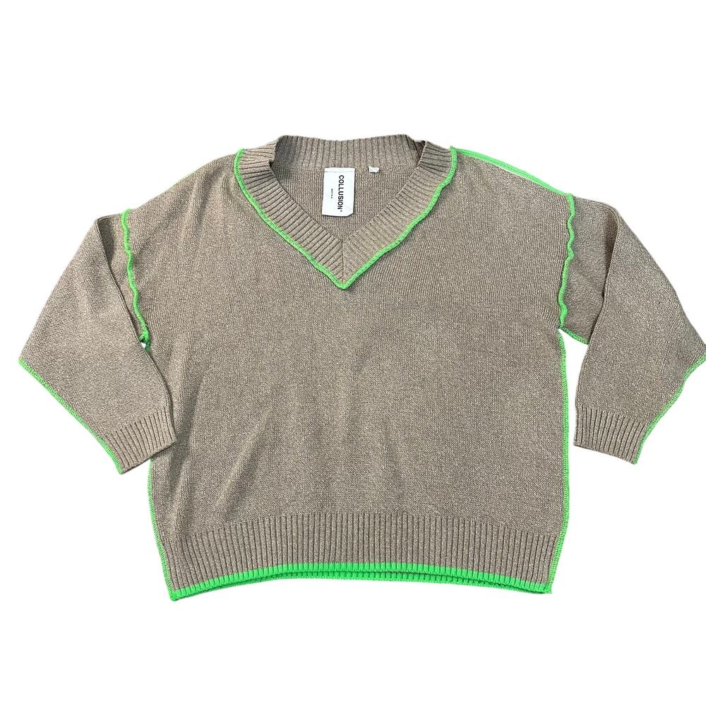 COLLUSION Women's Oversized V-Neck Knit Sweater with Neon Green Trim Size S